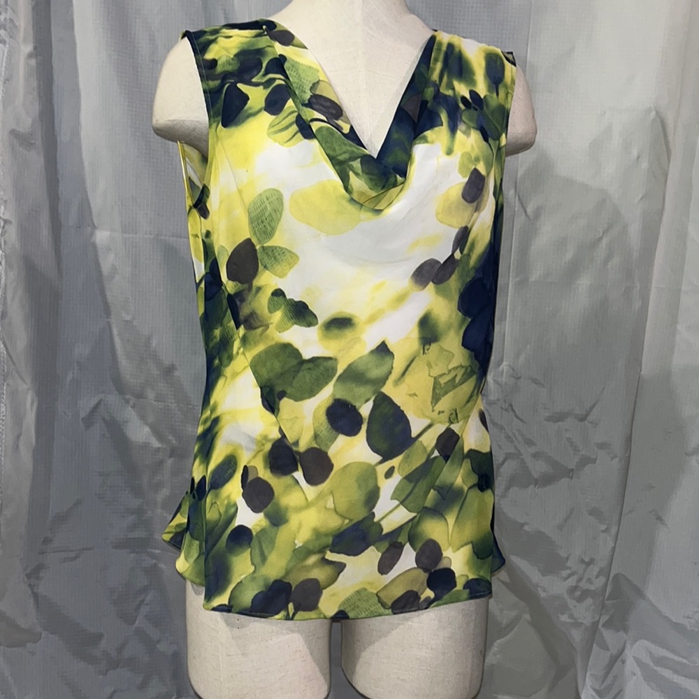 Blue, green, yellow, sheersleeveless blouse